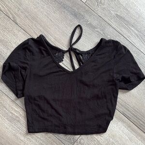 XS146 SHEIN Black Puff Sleeve Crop Top with Tie Back